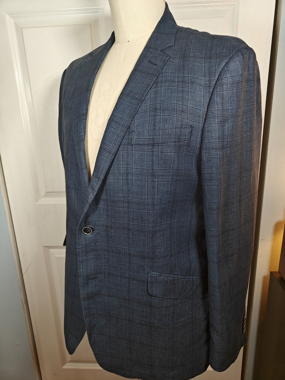 Joseph Abboud Linen Sport Coat Mens 48L Navy Blue Plaid Windowpane Blazer Tall